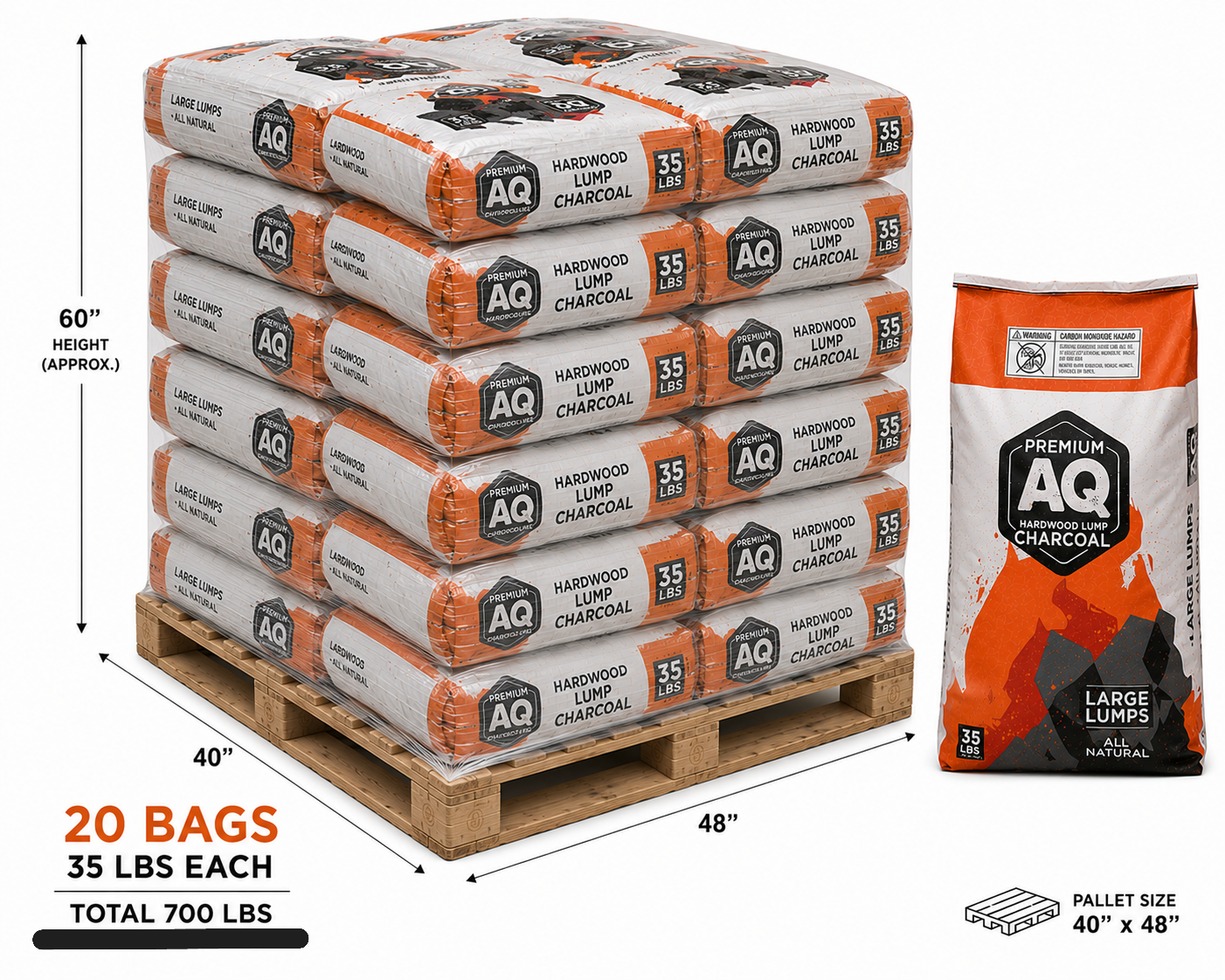 AQ 35 lb hardwood lump charcoal wholesale pallet, 20 bags and 700 lb total